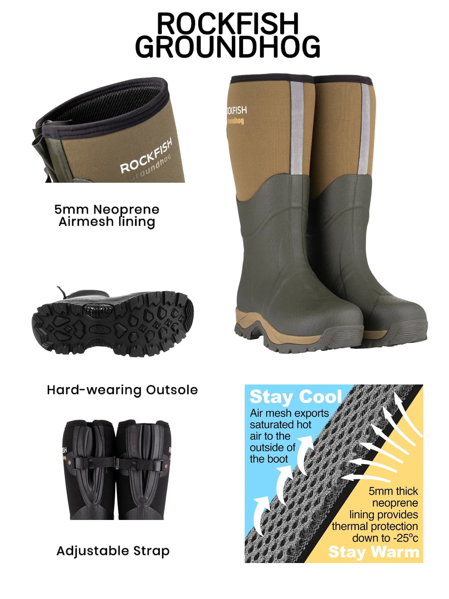 Groundhog Tall Side Adjustable 5mm Neoprene Insulated Wellington Boots