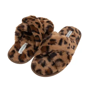 Laura Ashley Ladies Animal Leopard Plush Cross Band Slippers With Memory Foam Insole
