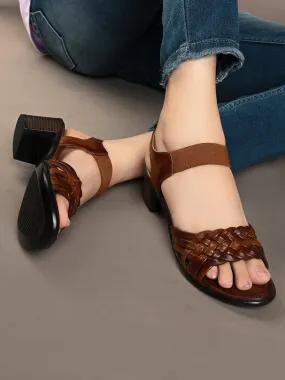 Pelle Albero Women's Latest Trendy Brown Leather Buckle Heels Block Sandals