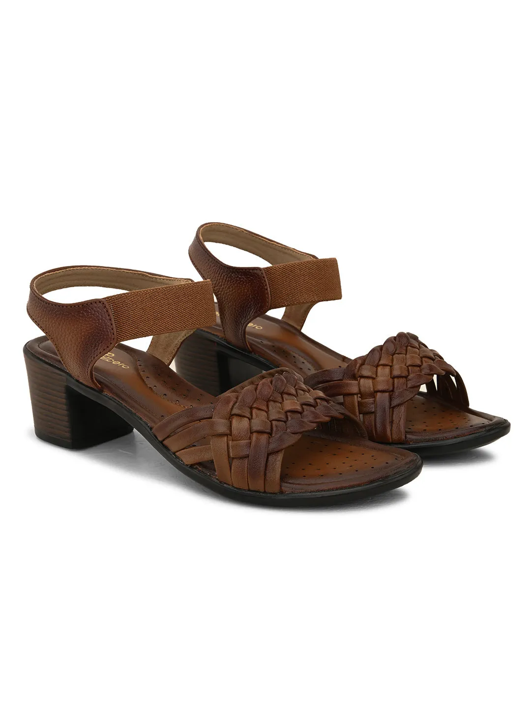 Pelle Albero Women's Latest Trendy Brown Leather Buckle Heels Block Sandals