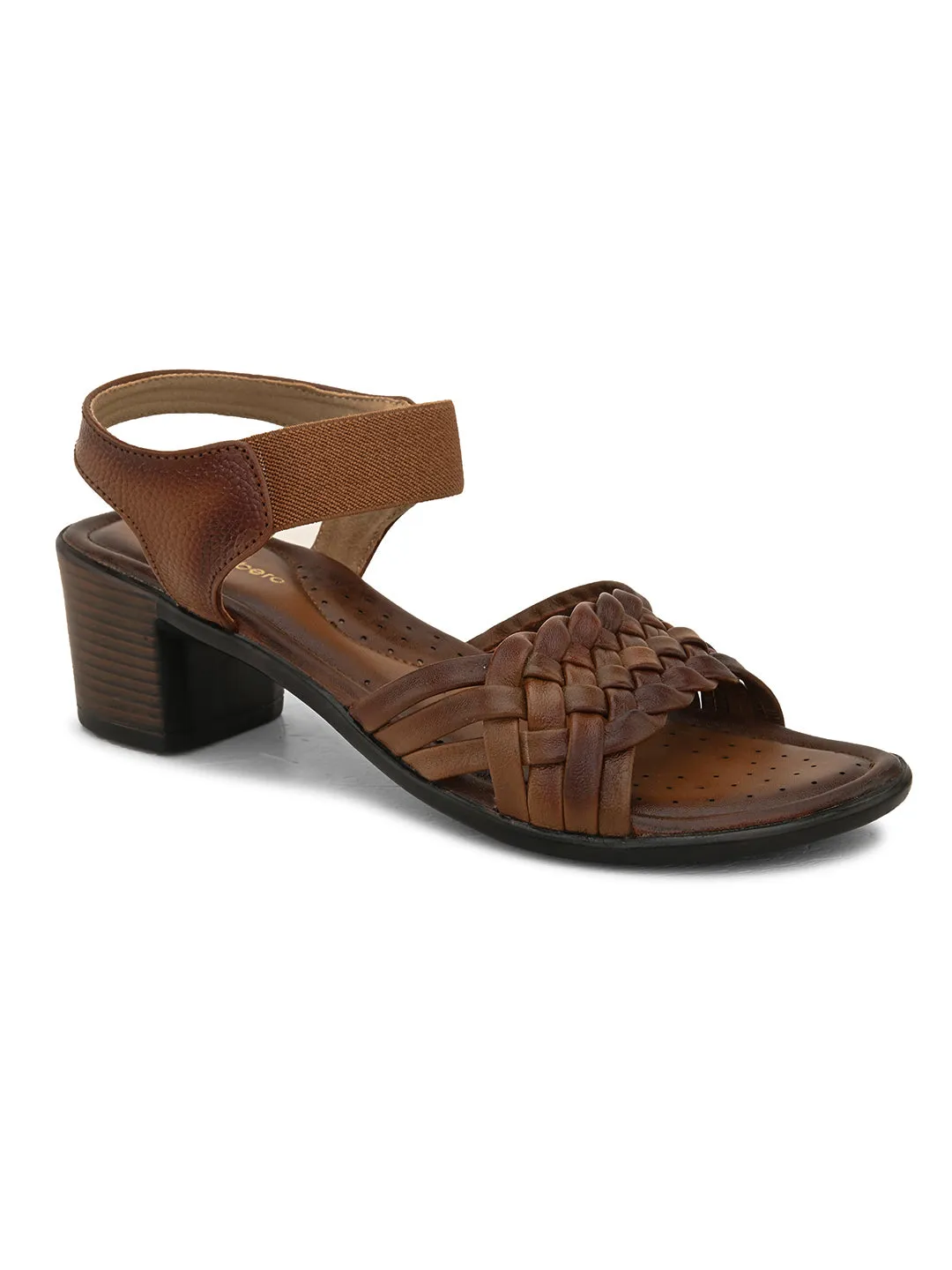 Pelle Albero Women's Latest Trendy Brown Leather Buckle Heels Block Sandals
