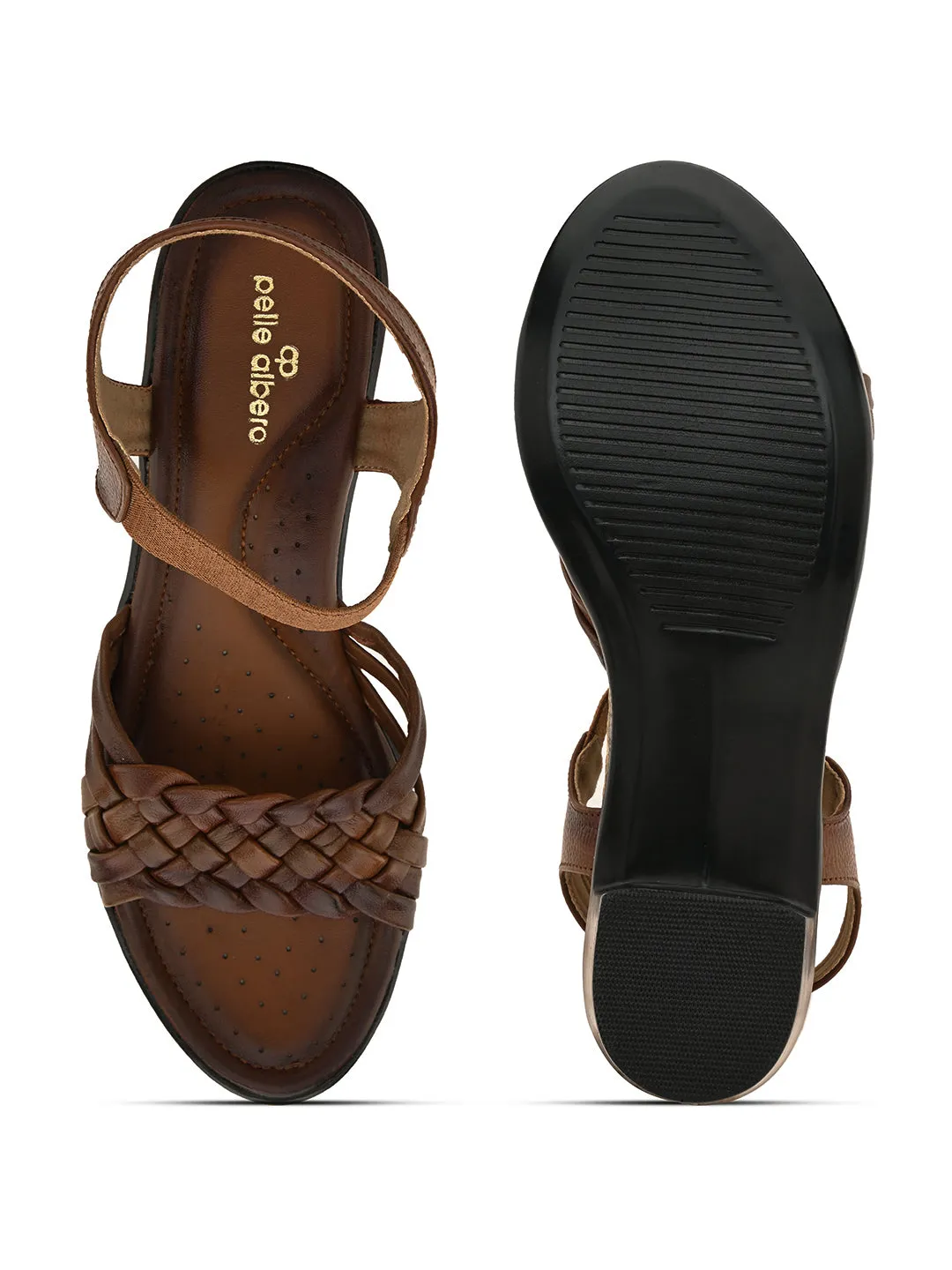 Pelle Albero Women's Latest Trendy Brown Leather Buckle Heels Block Sandals