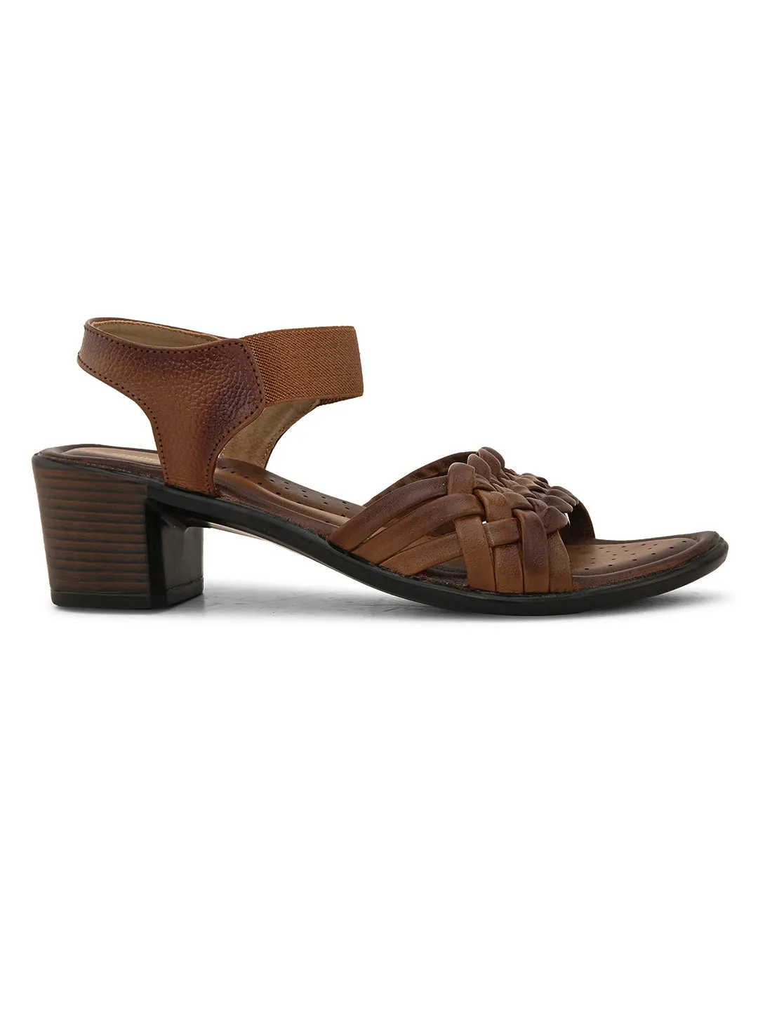 Pelle Albero Women's Latest Trendy Brown Leather Buckle Heels Block Sandals